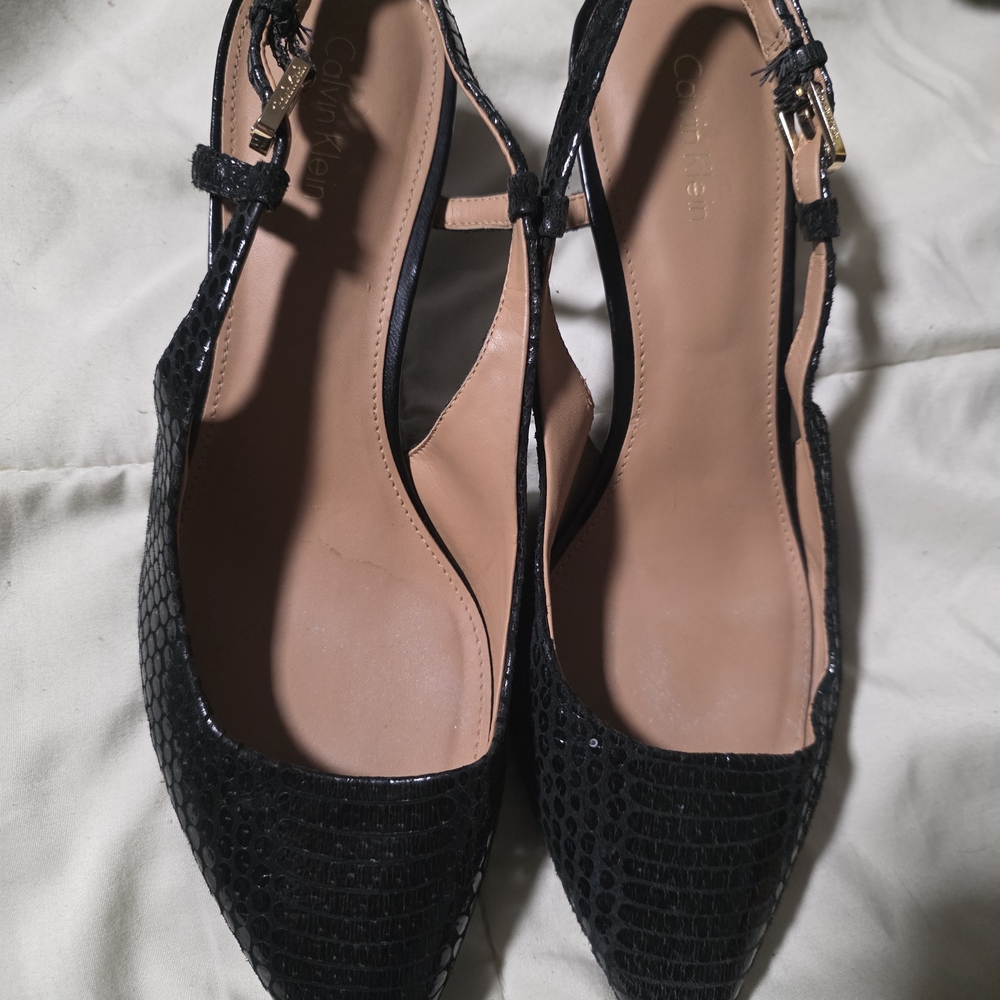 Black Textured Slingback Pumps by Calvin Klein